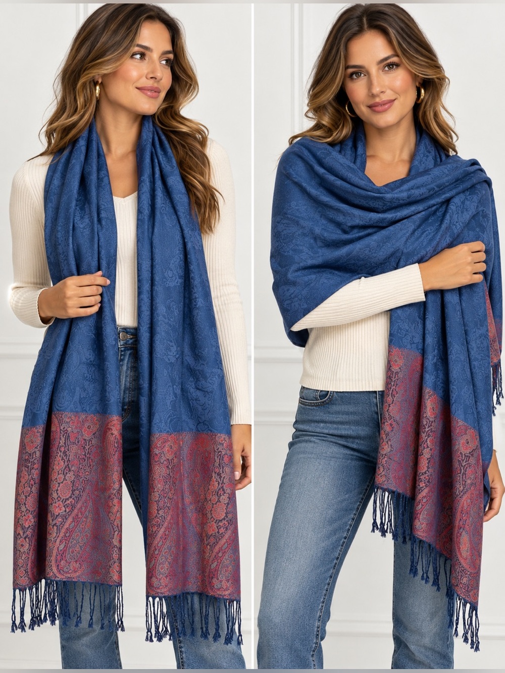 Blue and Burgundy Paisley Pashmina Scarf